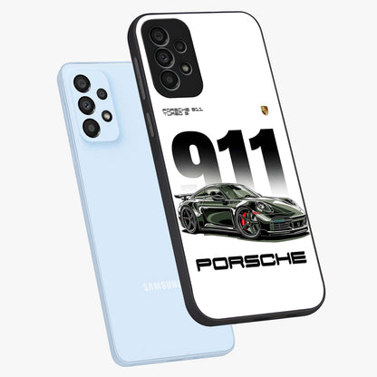 911 Turbo Dominance Glass Case displayed in premium angled mockup highlighting sporty car illustration and sleek glass surface.