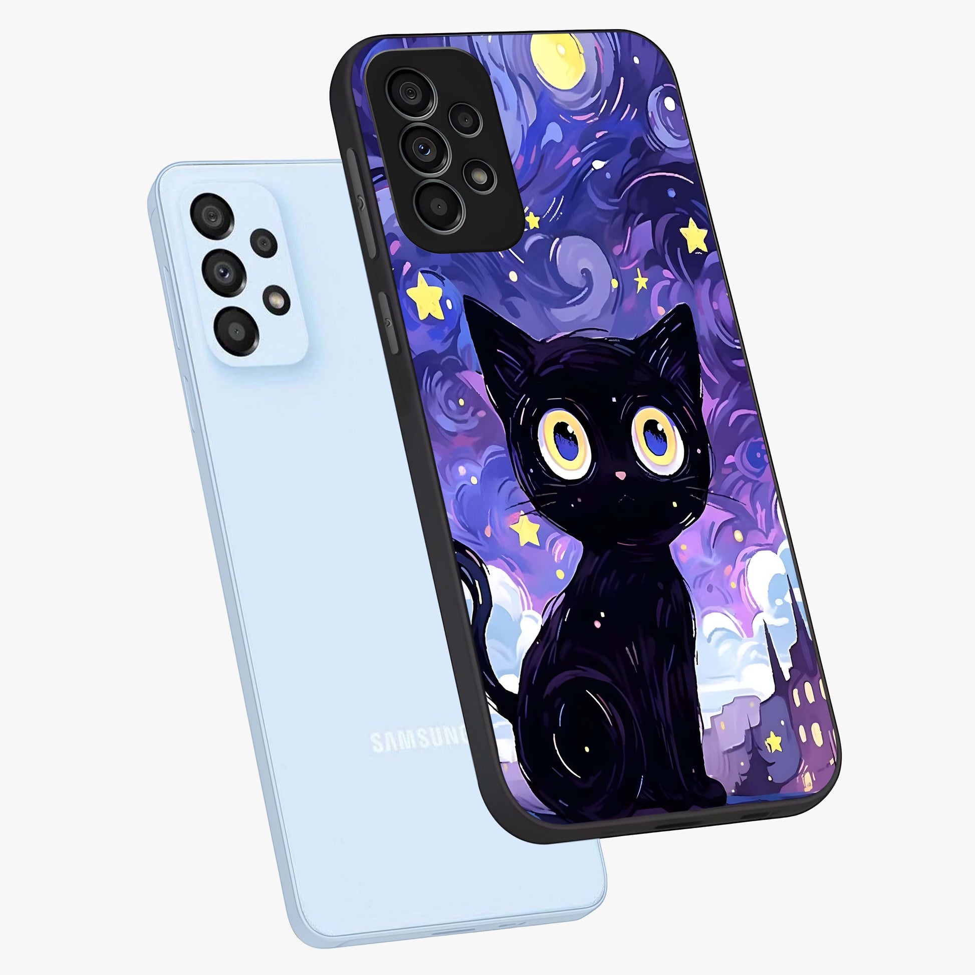 Abstract Cat Art Glass Case displayed in angled mockup highlighting modern abstract cat artwork and sleek glass surface.