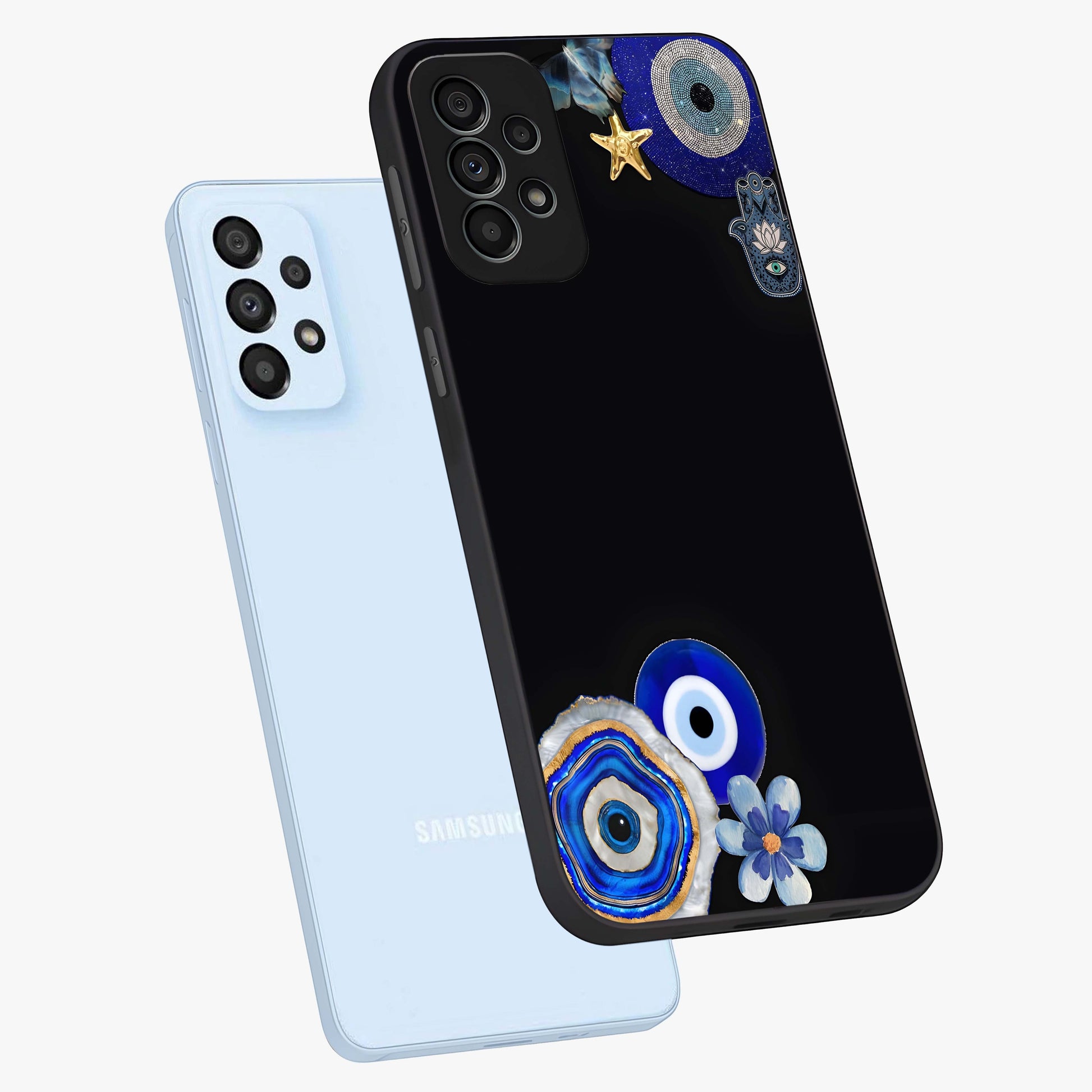 Aesthetic Blue Evil Eye Glass Case displayed in angled mockup highlighting blue evil eye symbol and spiritual aesthetic design.
