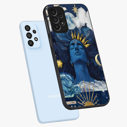 Aesthetic Lord Shiva Glass Case displayed in angled mockup highlighting spiritual Shiva illustration and sacred aesthetic design.
