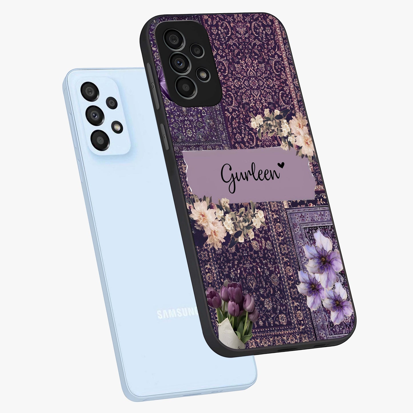 Antique Floral Whisper Custom Name Glass Case displayed in angled mockup highlighting elegant antique floral aesthetic.