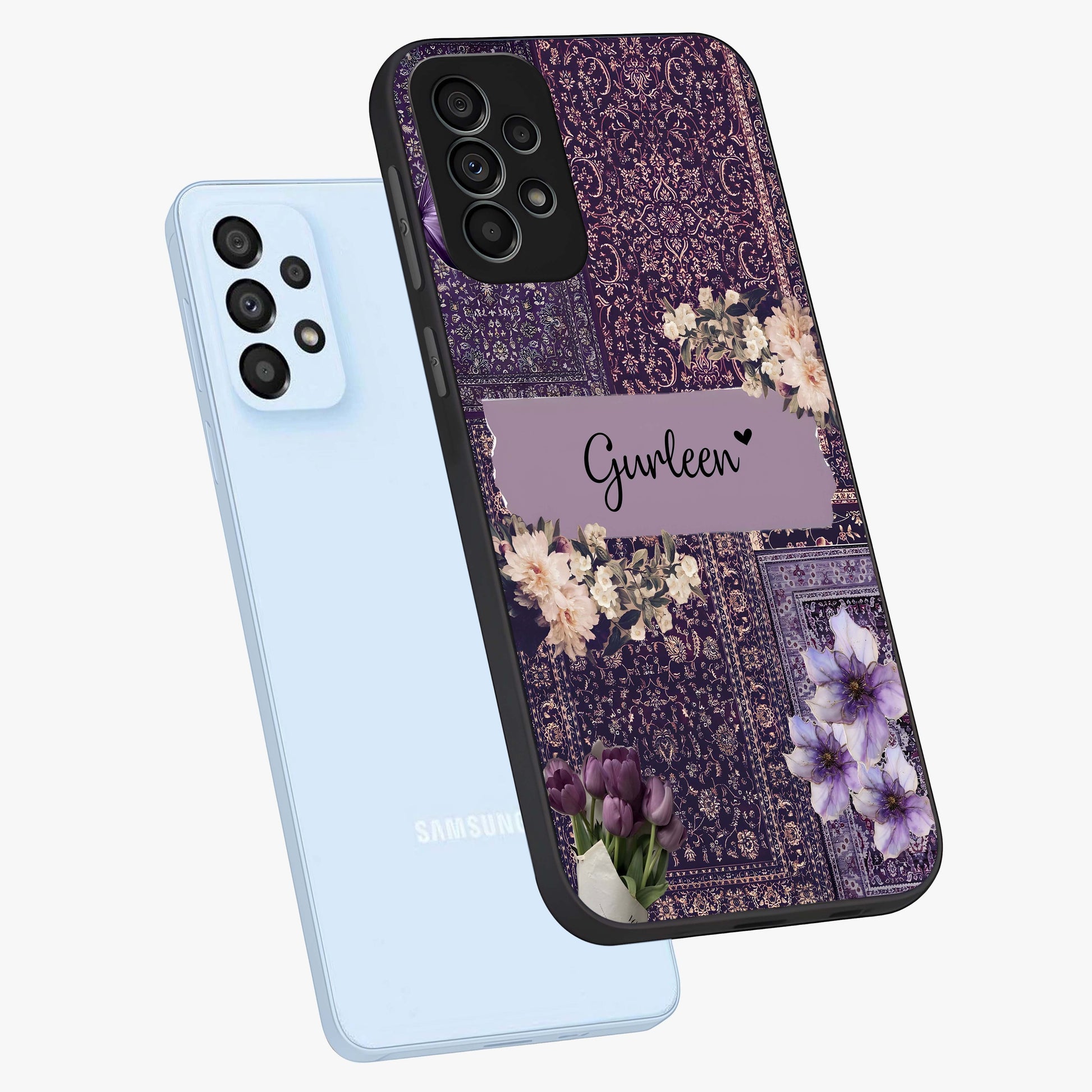Antique Floral Whisper Custom Name Glass Case displayed in angled mockup highlighting elegant antique floral aesthetic.