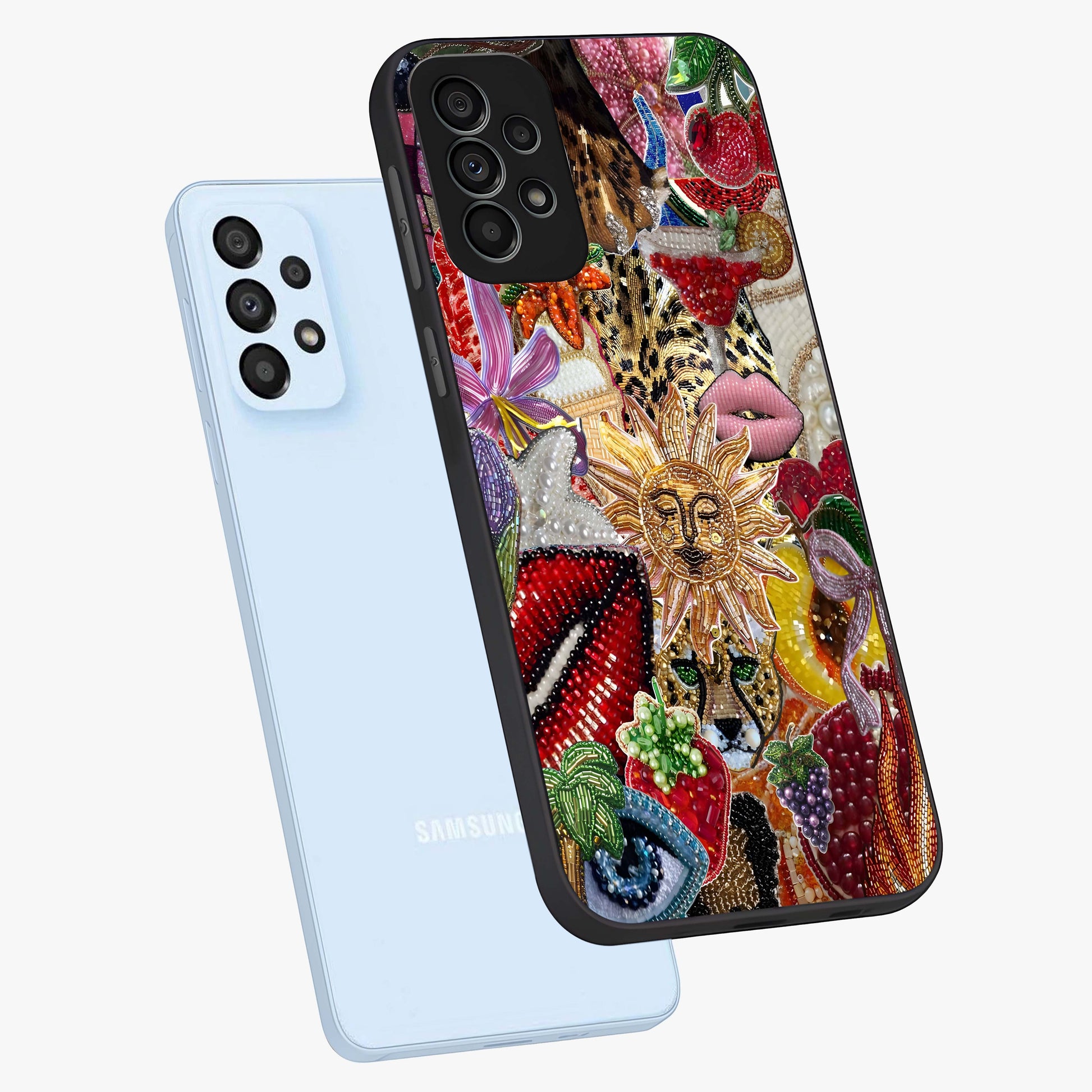 Beaded Fashion Jungle Glass Case displayed in angled mockup highlighting colorful fashion bead design and artistic pattern.