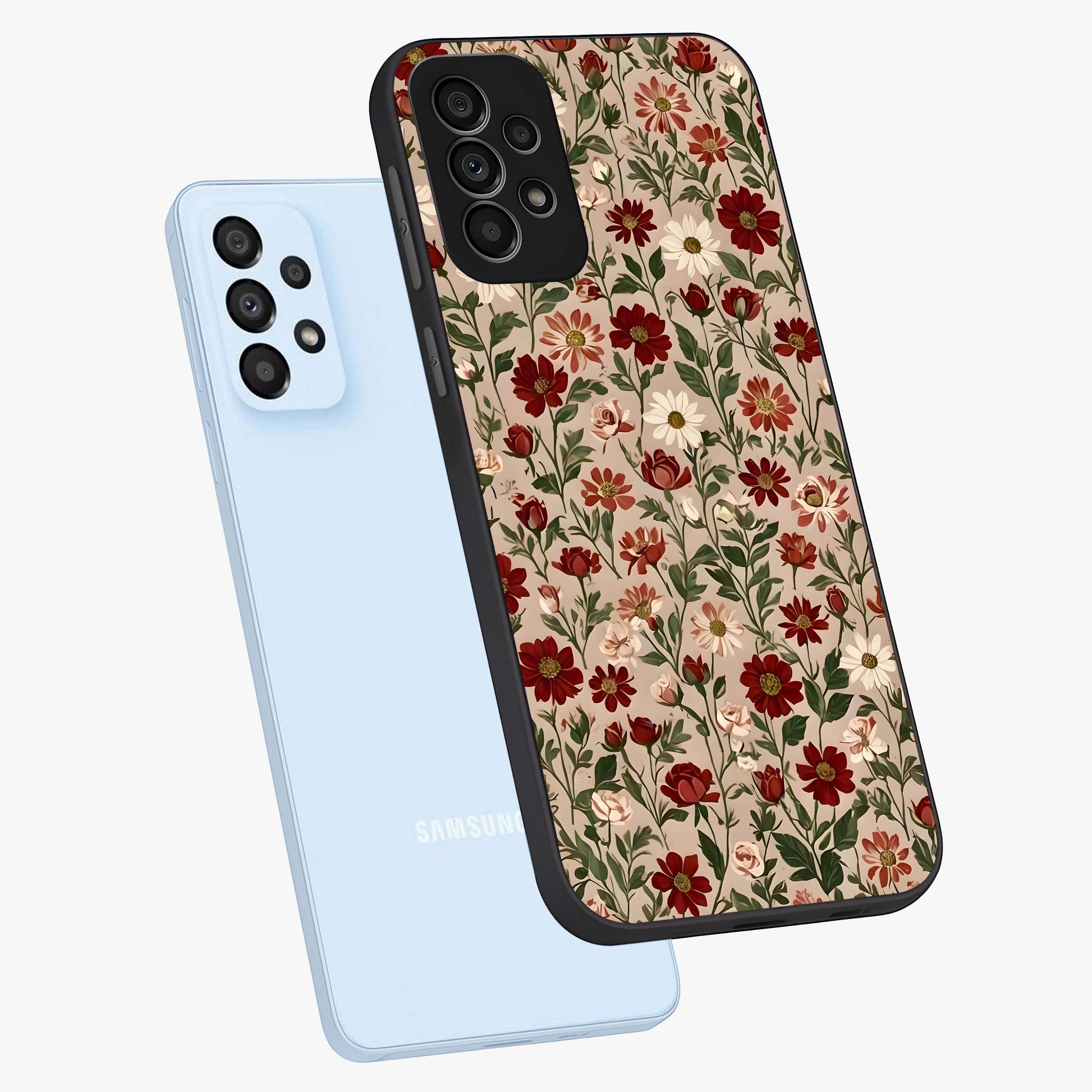 Biege Flower With Leaf Glass Case displayed in angled mockup highlighting minimal floral leaf design and elegant aesthetic.