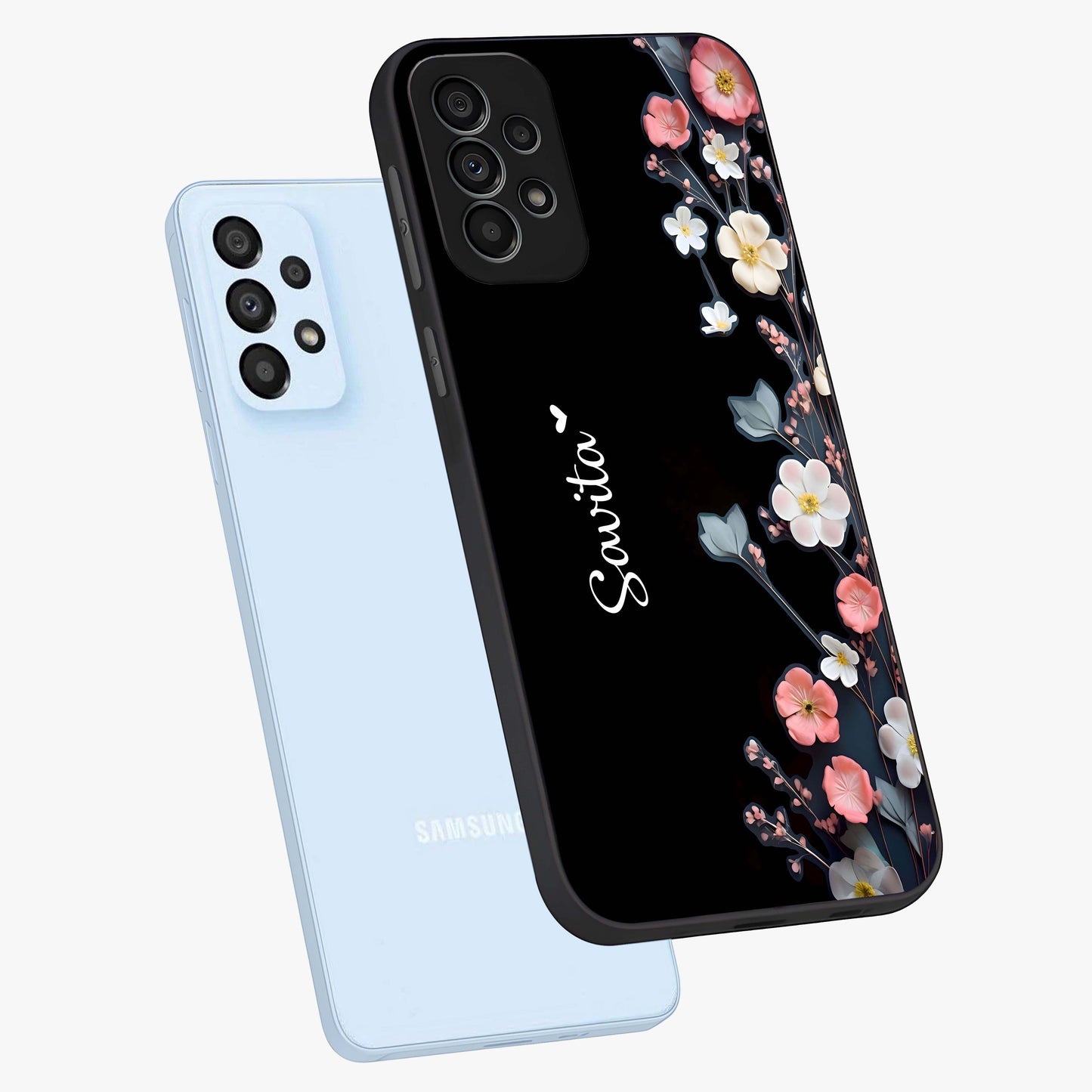 Black Elegance Floral Custom Name Glass Case displayed in angled mockup highlighting dark floral aesthetic and custom name feature.