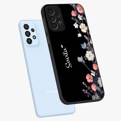 Black Elegance Floral Custom Name Glass Case displayed in angled mockup highlighting dark floral aesthetic and custom name feature.
