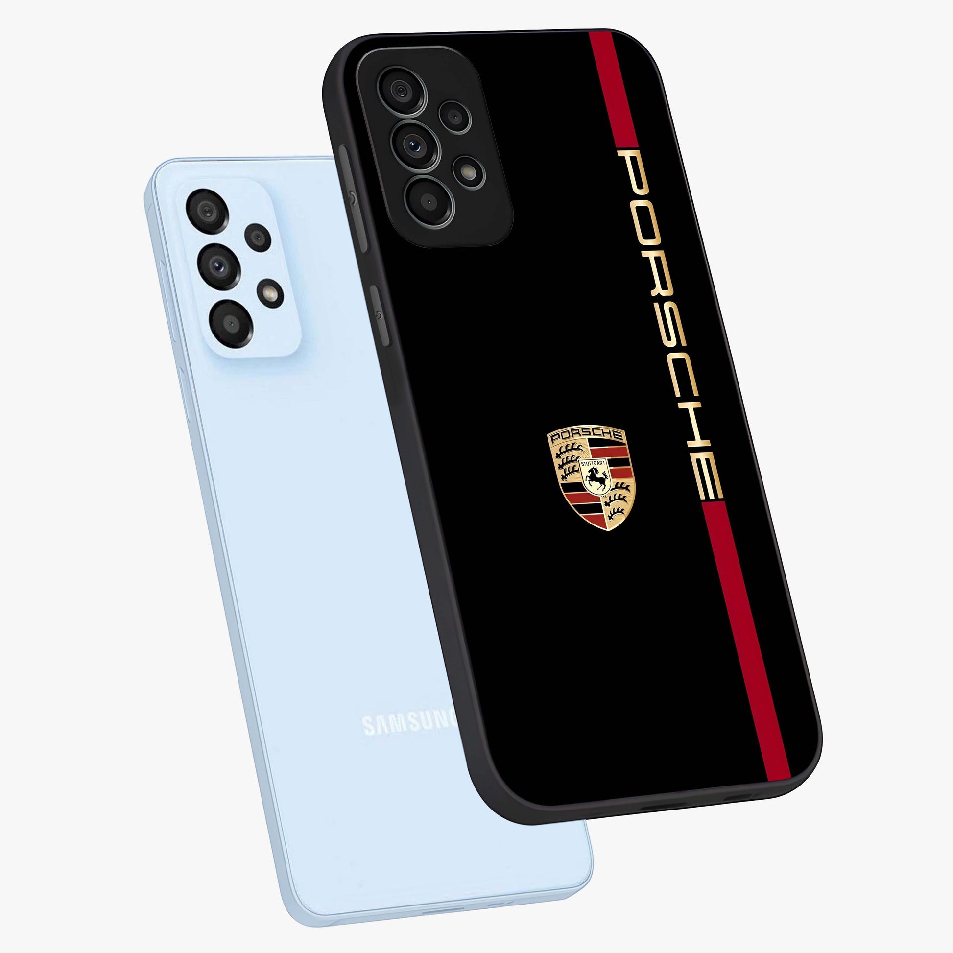 Black Minimal Porsche Glass Case displayed in angled mockup highlighting modern minimal car illustration and clean aesthetic design.