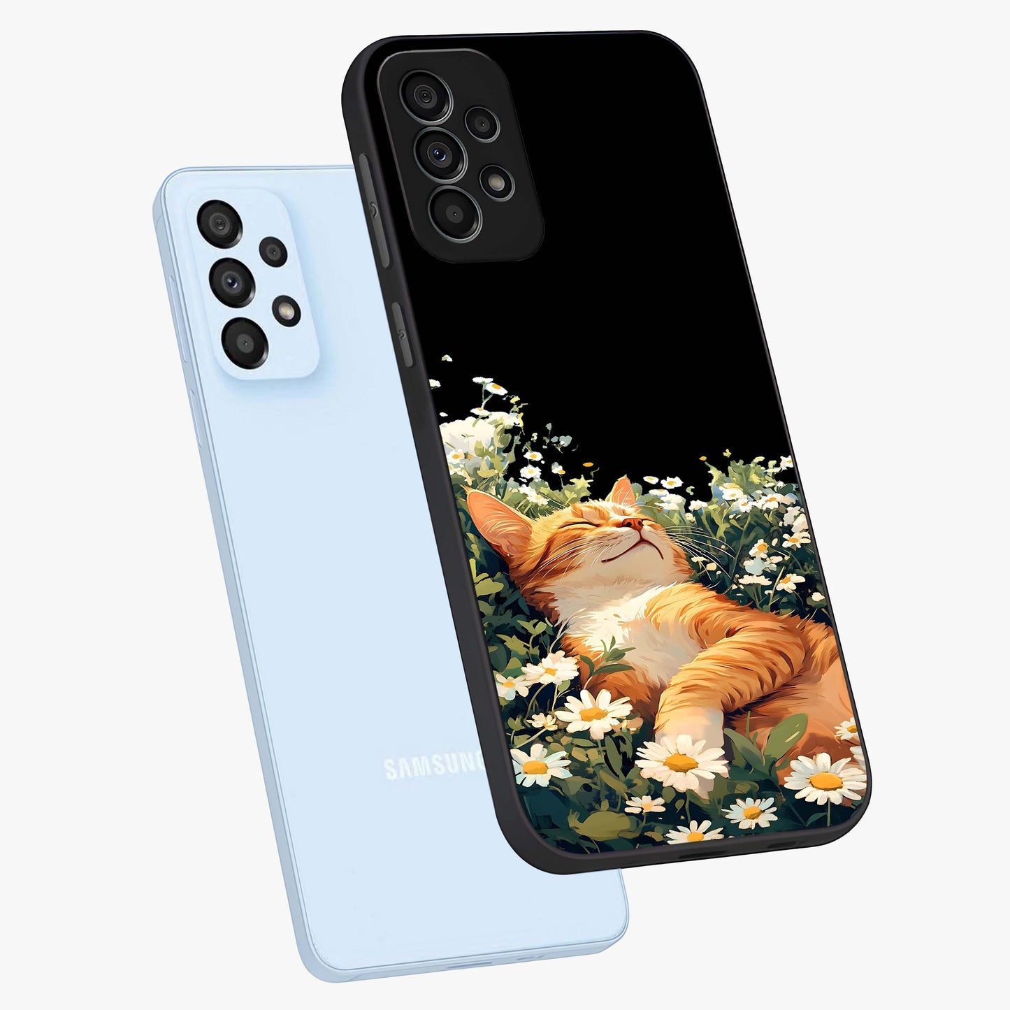 Blissful Bloom Cat Glass Case displayed in angled mockup highlighting playful feline illustration with soft floral aesthetic.