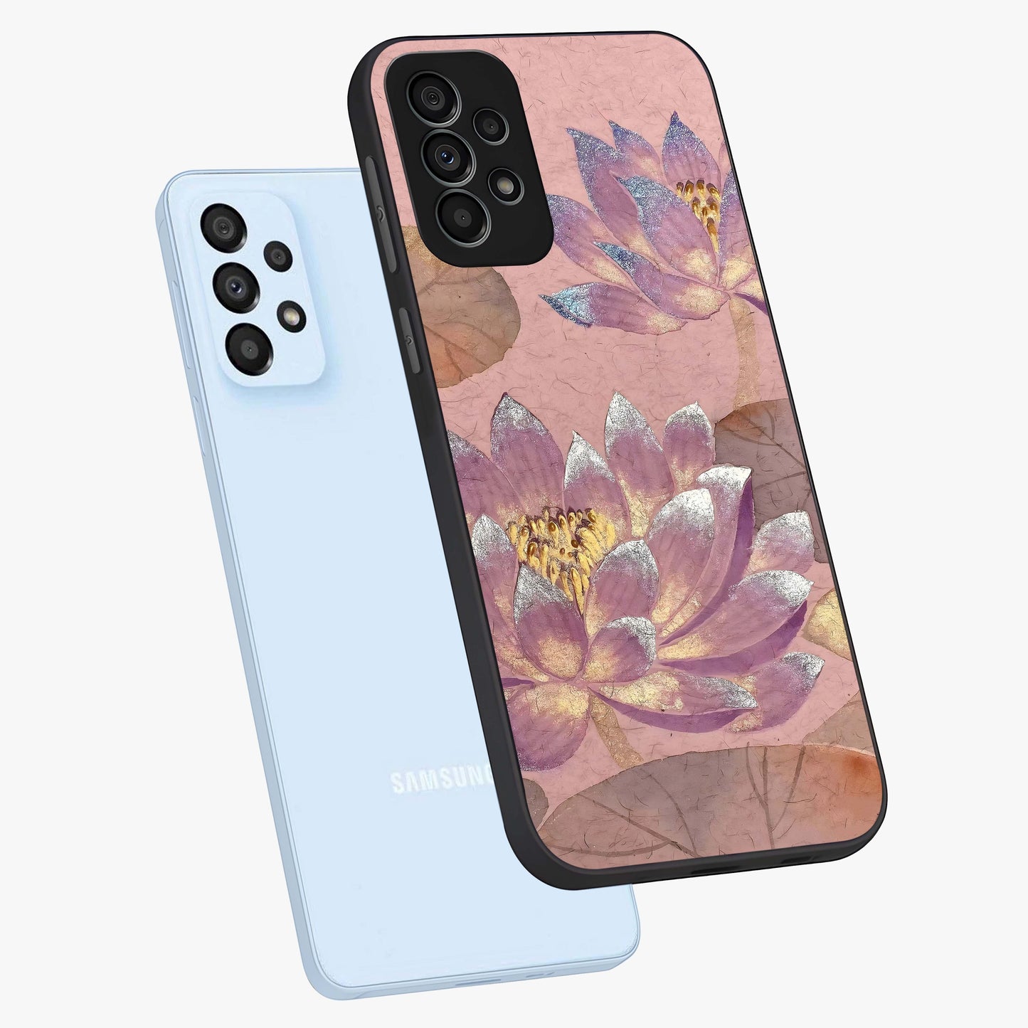 Blossom Mist Lotus Glass Case displayed in angled mockup highlighting delicate lotus illustration with calm aesthetic theme.