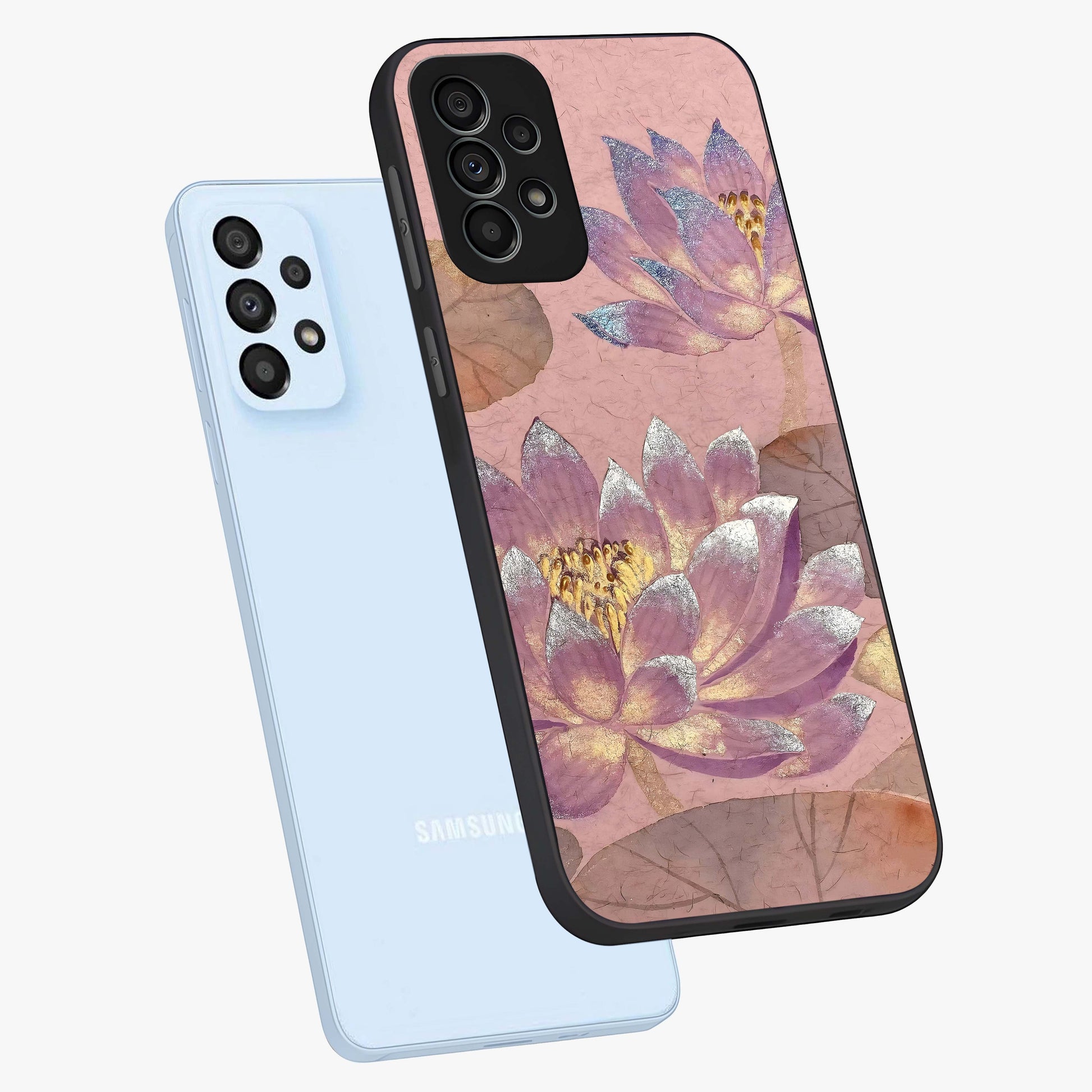 Blossom Mist Lotus Glass Case displayed in angled mockup highlighting delicate lotus illustration with calm aesthetic theme.