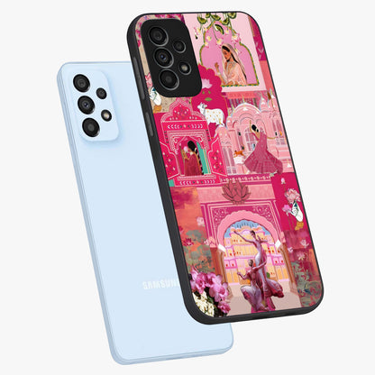 Blossoms of Rajasthan Glass Case displayed in angled mockup highlighting vibrant floral pattern with cultural aesthetic style.