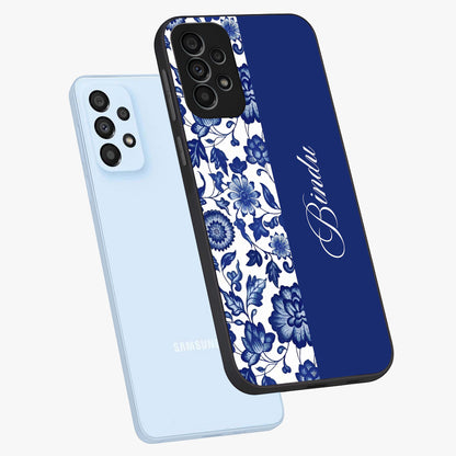 Blue Vintage Floral Pattern Glass Case displayed in angled mockup highlighting subtle bloom pattern with aesthetic pastel design.