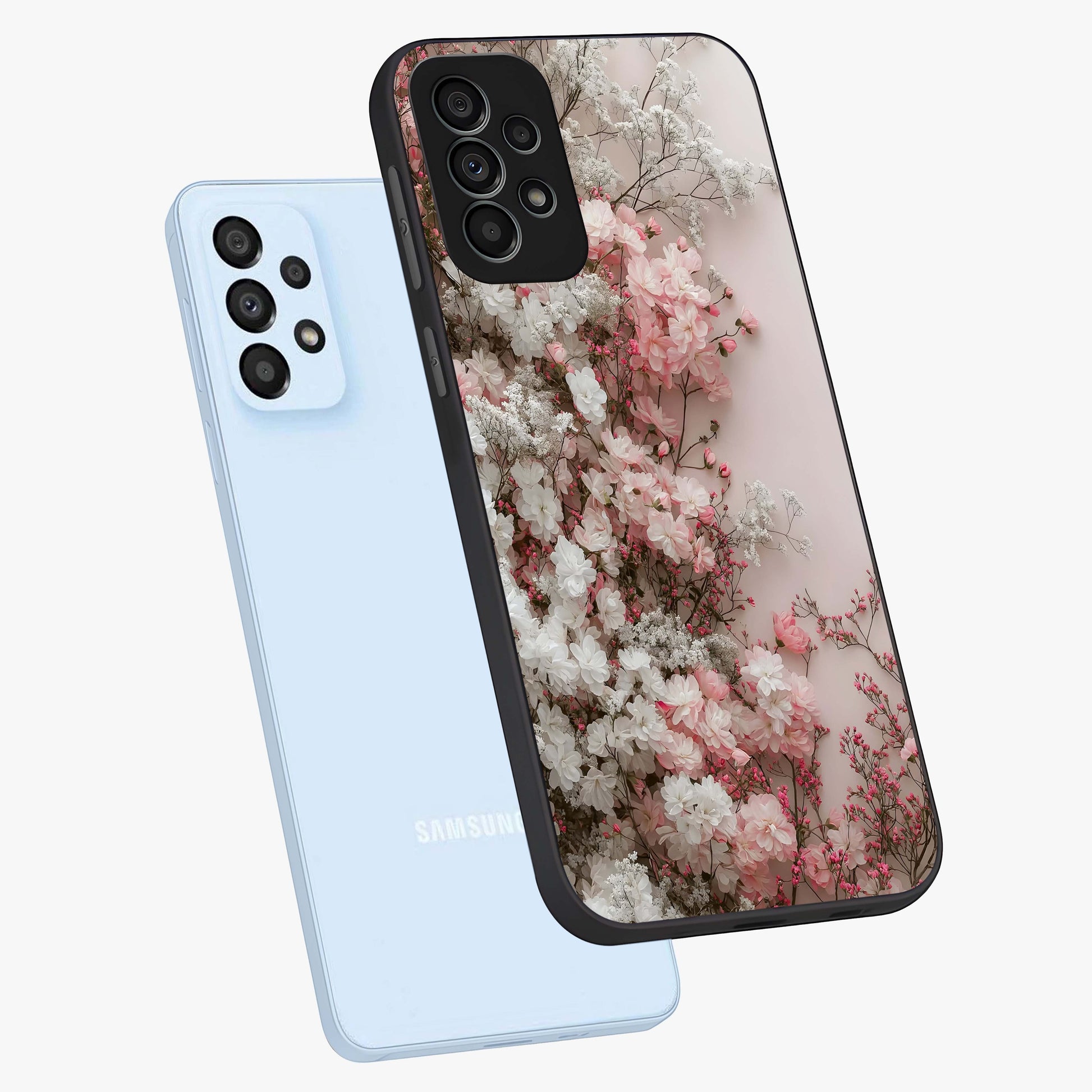 Blush Blossom Cloud Glass Case displayed in angled mockup highlighting soft cloud and blossom design with pastel aesthetic.