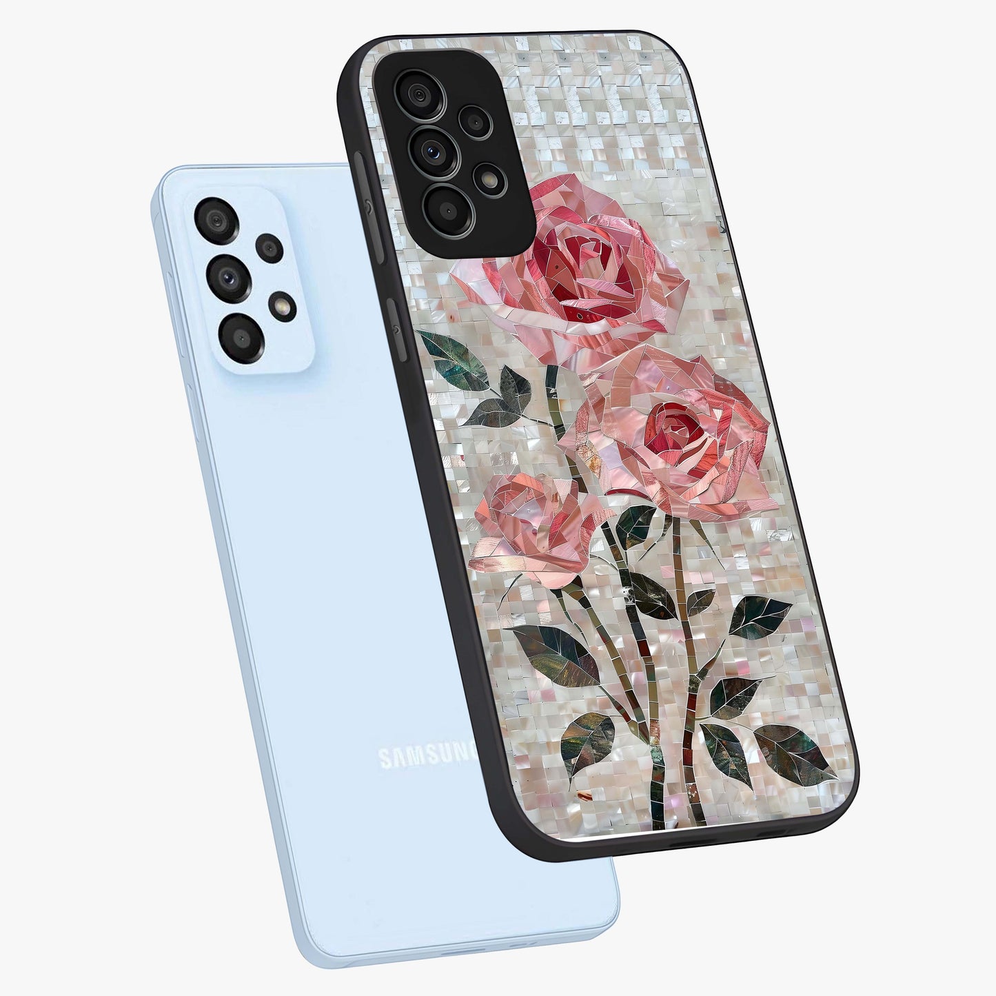 Blush Mosaic Bloom Glass Case displayed in angled mockup highlighting artistic mosaic flower pattern with aesthetic design.