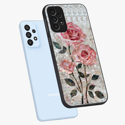 Blush Mosaic Bloom Glass Case displayed in angled mockup highlighting artistic mosaic flower pattern with aesthetic design.