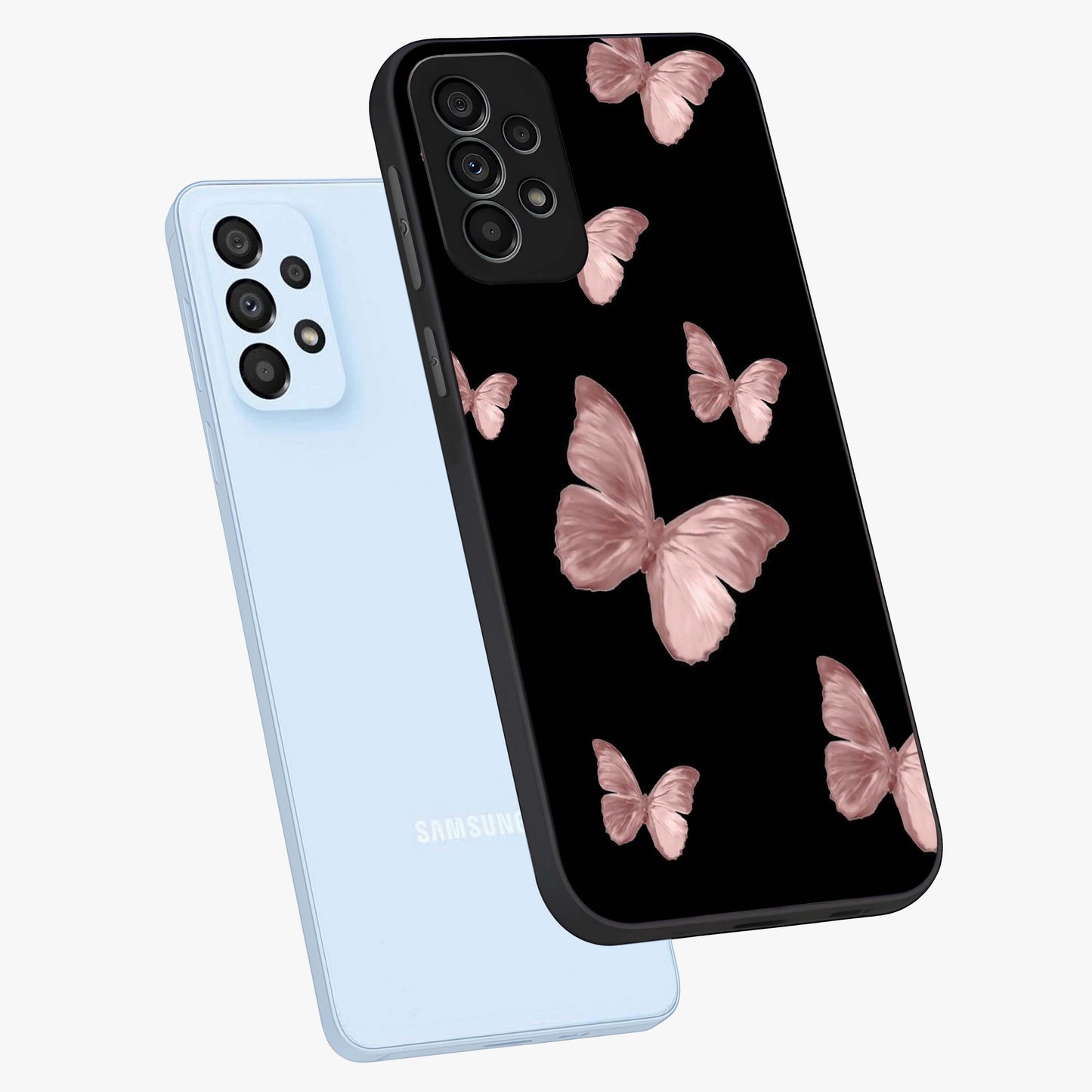 Butterfly Pattern Glass Case displayed in angled mockup highlighting delicate butterfly design and aesthetic pattern style.