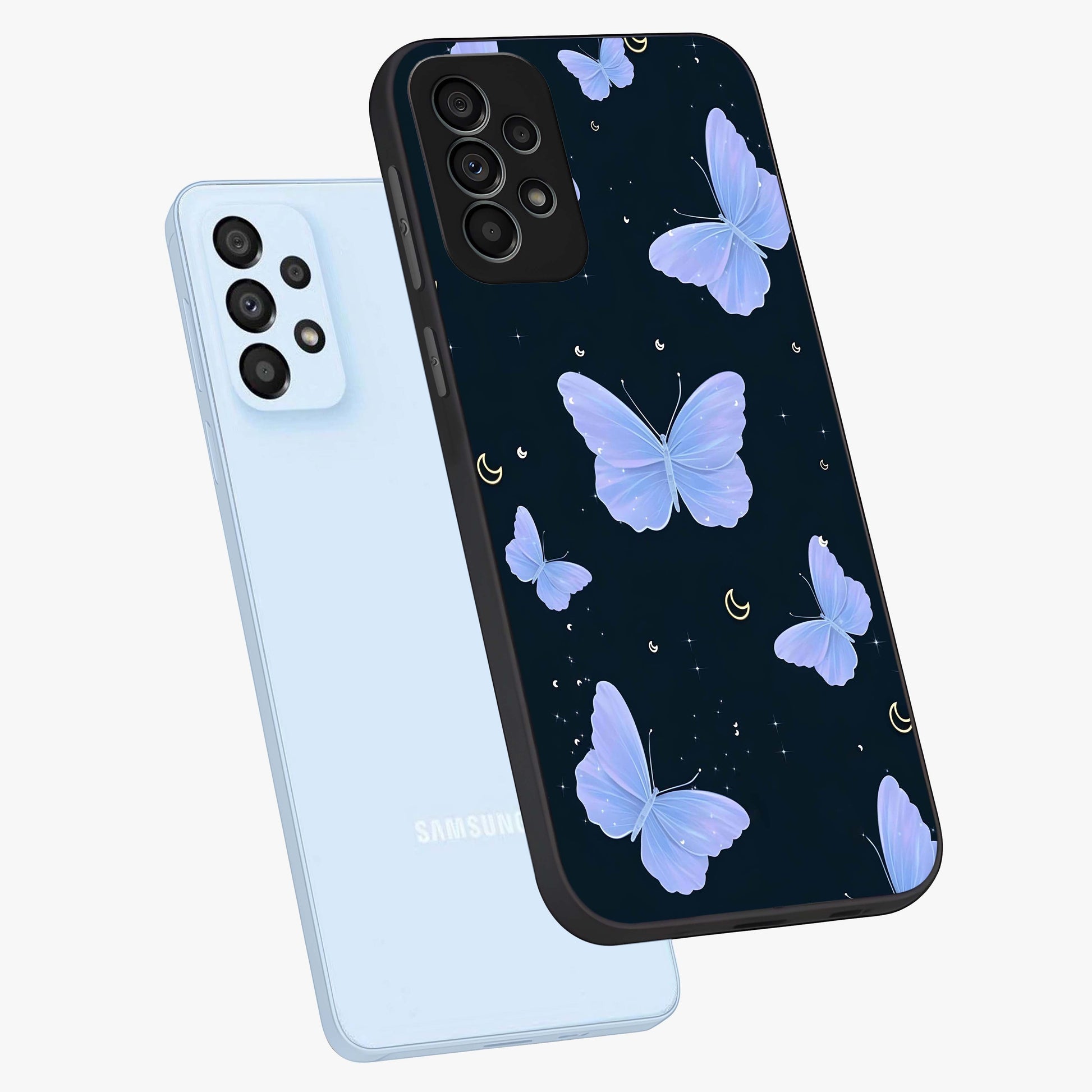 Butterfly With Stars Pattern Glass Case displayed in angled mockup highlighting dreamy butterfly and star design with aesthetic theme.