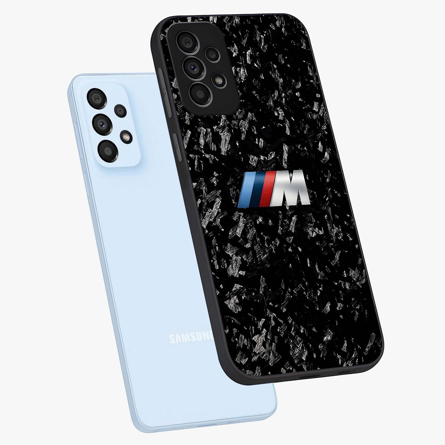 Carbon Speed Mark Glass Case displayed in angled mockup highlighting racing inspired carbon design and sleek aesthetic style.