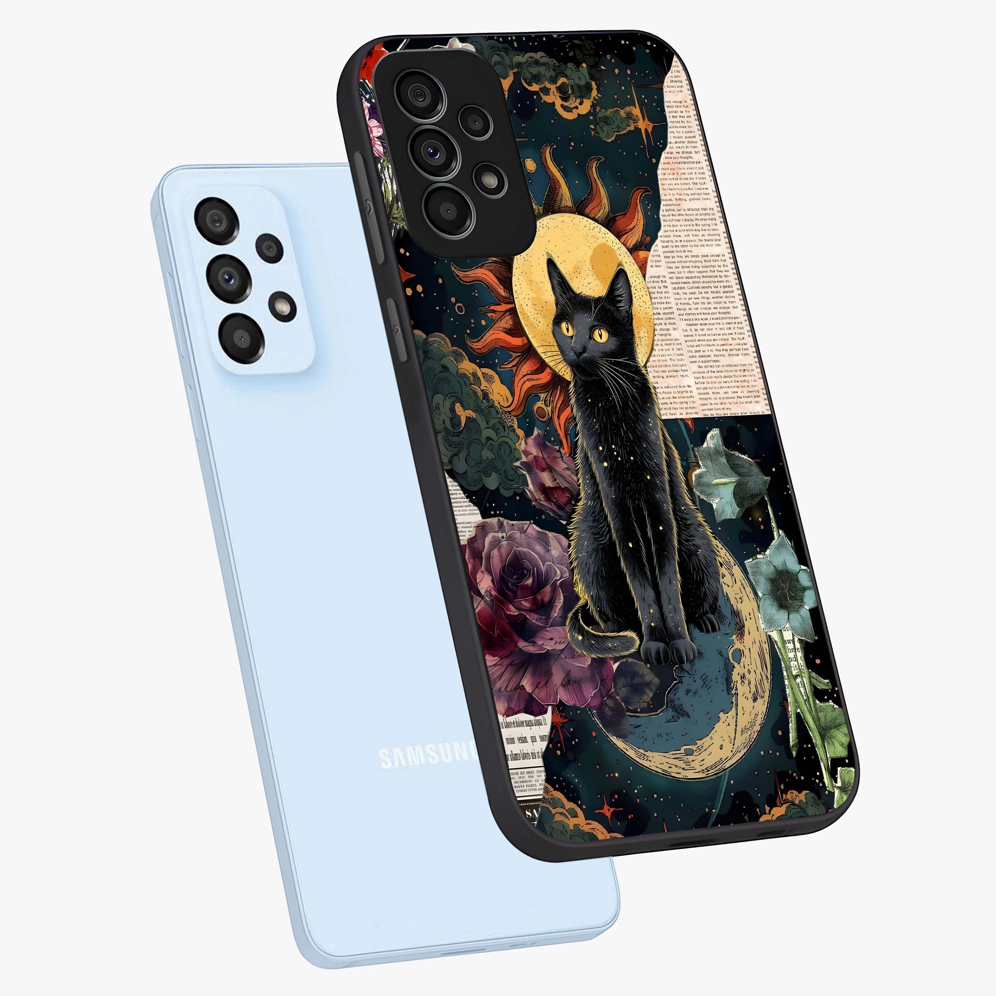 Celestial Black Cat Glass Case displayed in angled mockup highlighting cosmic black cat design with celestial aesthetic.