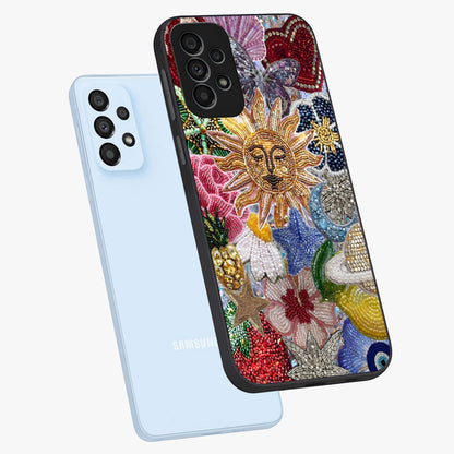 Celestial Floral and Playful Glass Case displayed in angled mockup highlighting playful floral design with dreamy celestial elements.