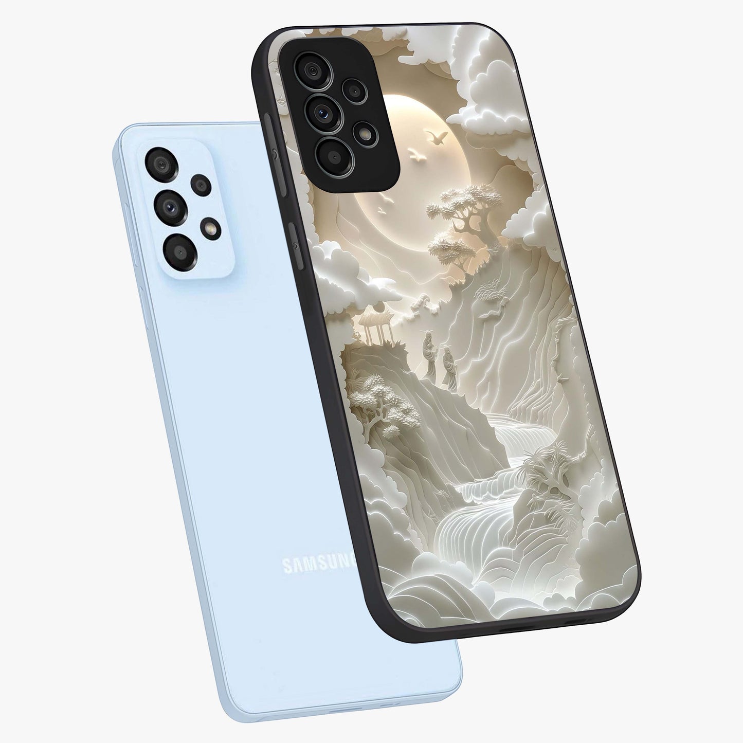 Celestial Origami Glass Case displayed in angled mockup highlighting geometric origami design with cosmic aesthetic theme.