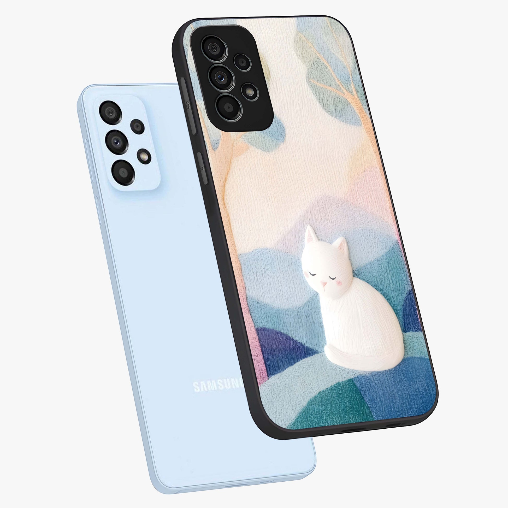 Cotton Dream Cat Glass Case displayed in angled mockup highlighting cute feline illustration with pastel aesthetic style.