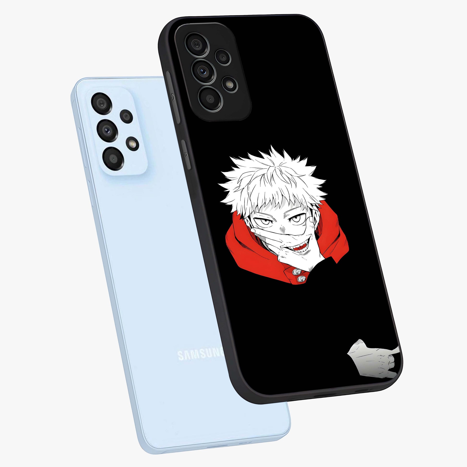 Crimson Chaos Smile Glass Case displayed in angled mockup highlighting edgy crimson smile design with graphic aesthetic.