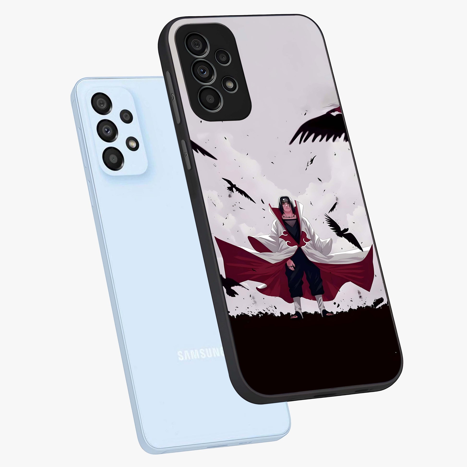 Crimson Crow Ascension Glass Case displayed in angled mockup highlighting powerful crow illustration with dark crimson aesthetic.