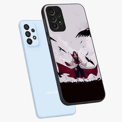 Crimson Crow Ascension Glass Case displayed in angled mockup highlighting powerful crow illustration with dark crimson aesthetic.