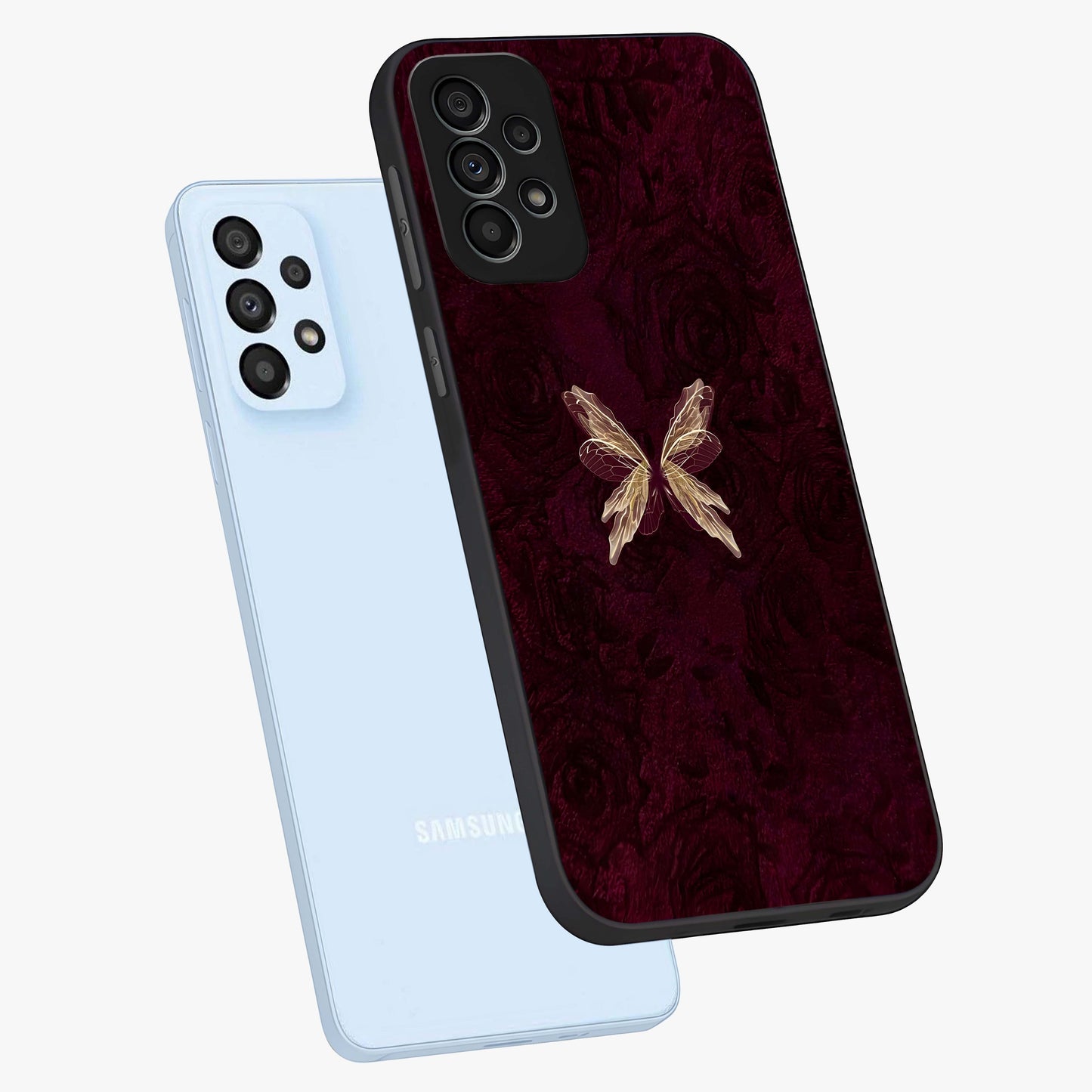 Crimson Fade Butterfly Glass Case displayed in angled mockup highlighting elegant butterfly design with crimson gradient aesthetic.