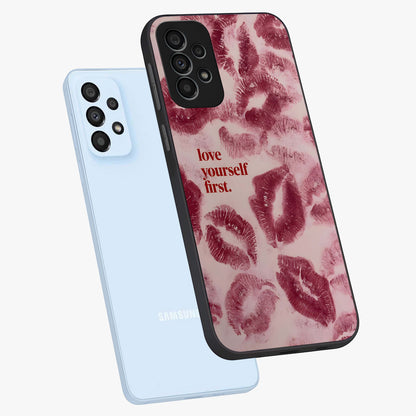 Crimson Kiss Love Glass Case displayed in angled mockup highlighting bold love inspired design with modern aesthetic style.