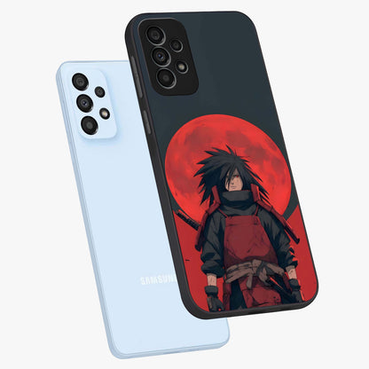 Crimson Moon Warlord Glass Case displayed in angled mockup highlighting dramatic crimson moon design with fantasy aesthetic.