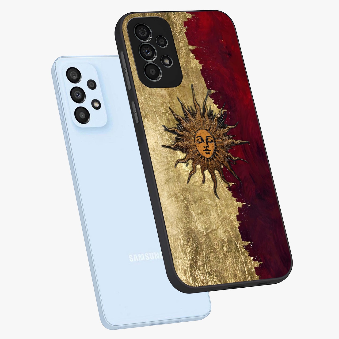Crimson Sun Majesty Glass Case displayed in angled mockup highlighting majestic crimson sun design with bold aesthetic style.