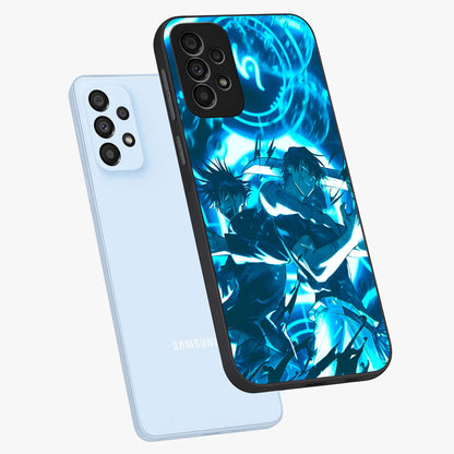 Cursed Energy Clash Glass Case displayed in angled mockup highlighting powerful battle inspired graphic with anime style aesthetic.