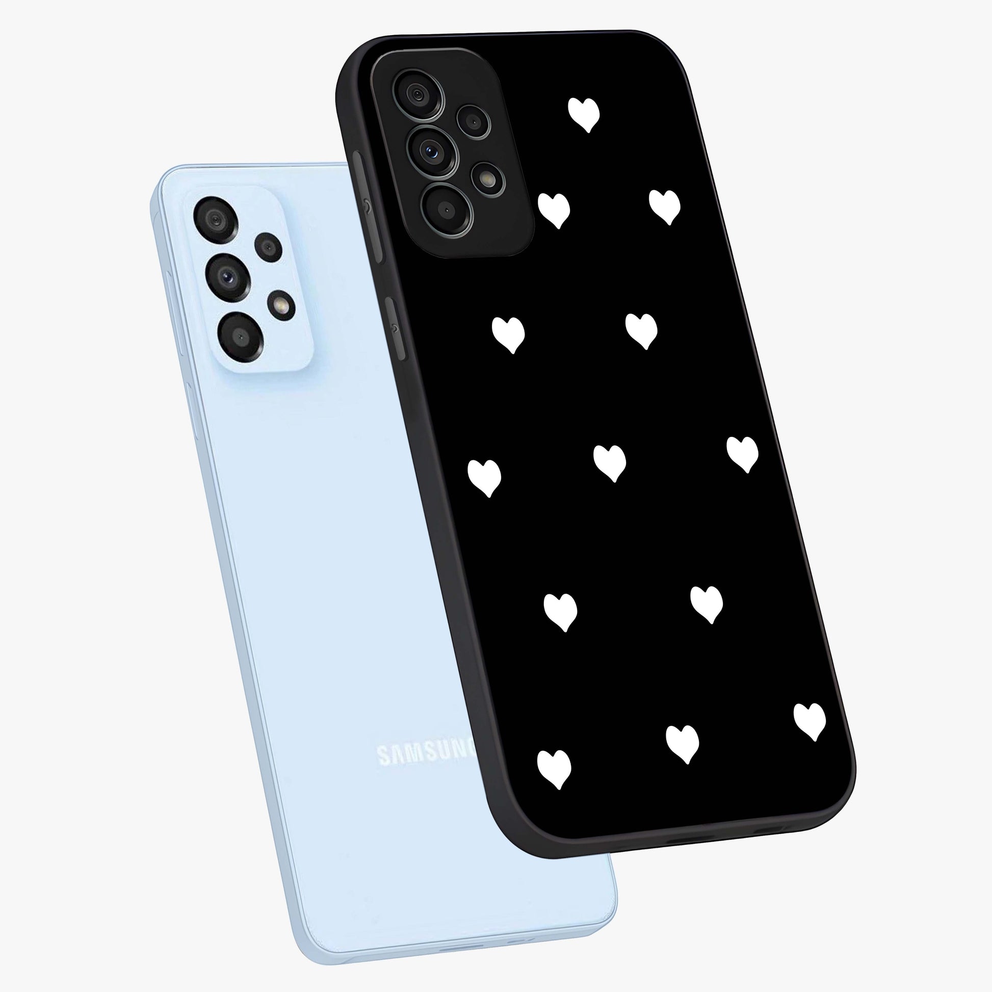 Cute And Simple White Hearts Glass Case displayed in angled mockup highlighting cute heart design with clean aesthetic style.