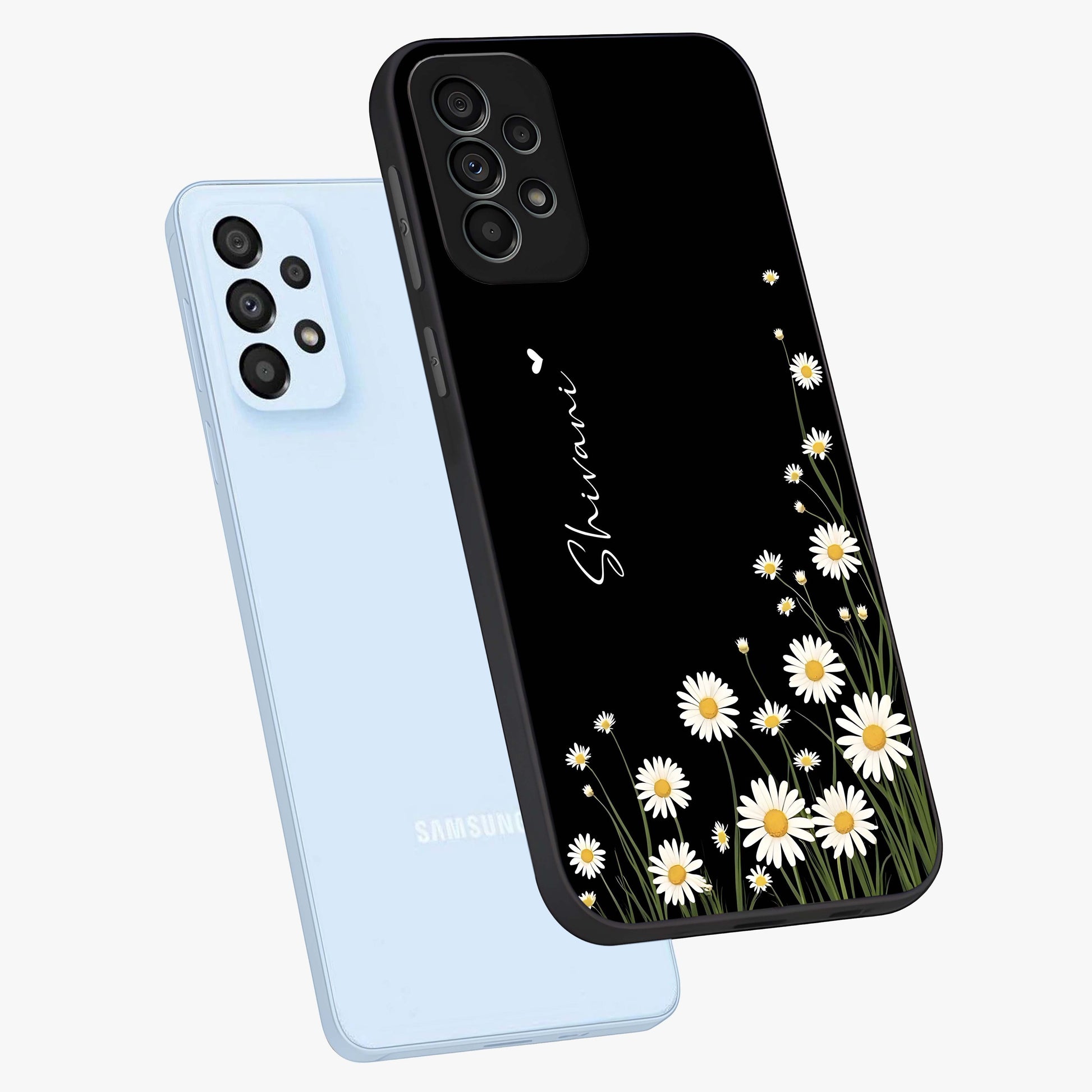 Daisy Cascade Custom Name Glass Case displayed in angled mockup highlighting delicate daisy artwork with custom name feature.