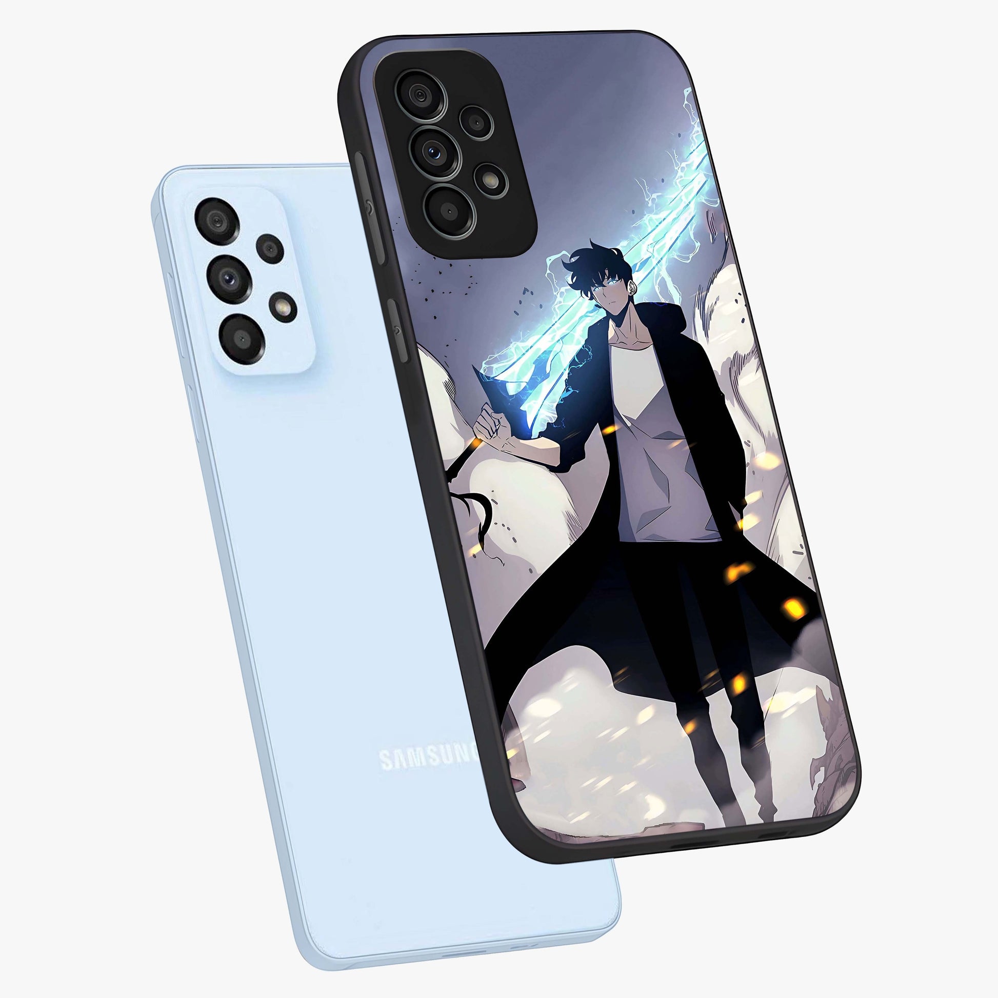 Dark Lightning Anime Warrior Glass Case displayed in angled mockup highlighting powerful lightning themed anime illustration.