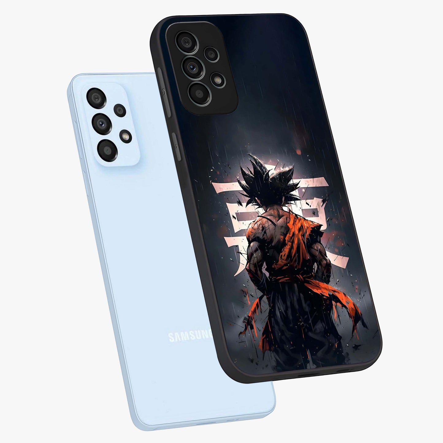 Dark Warrior In Rain Glass Case displayed in angled mockup highlighting dramatic warrior illustration with dark rain aesthetic.
