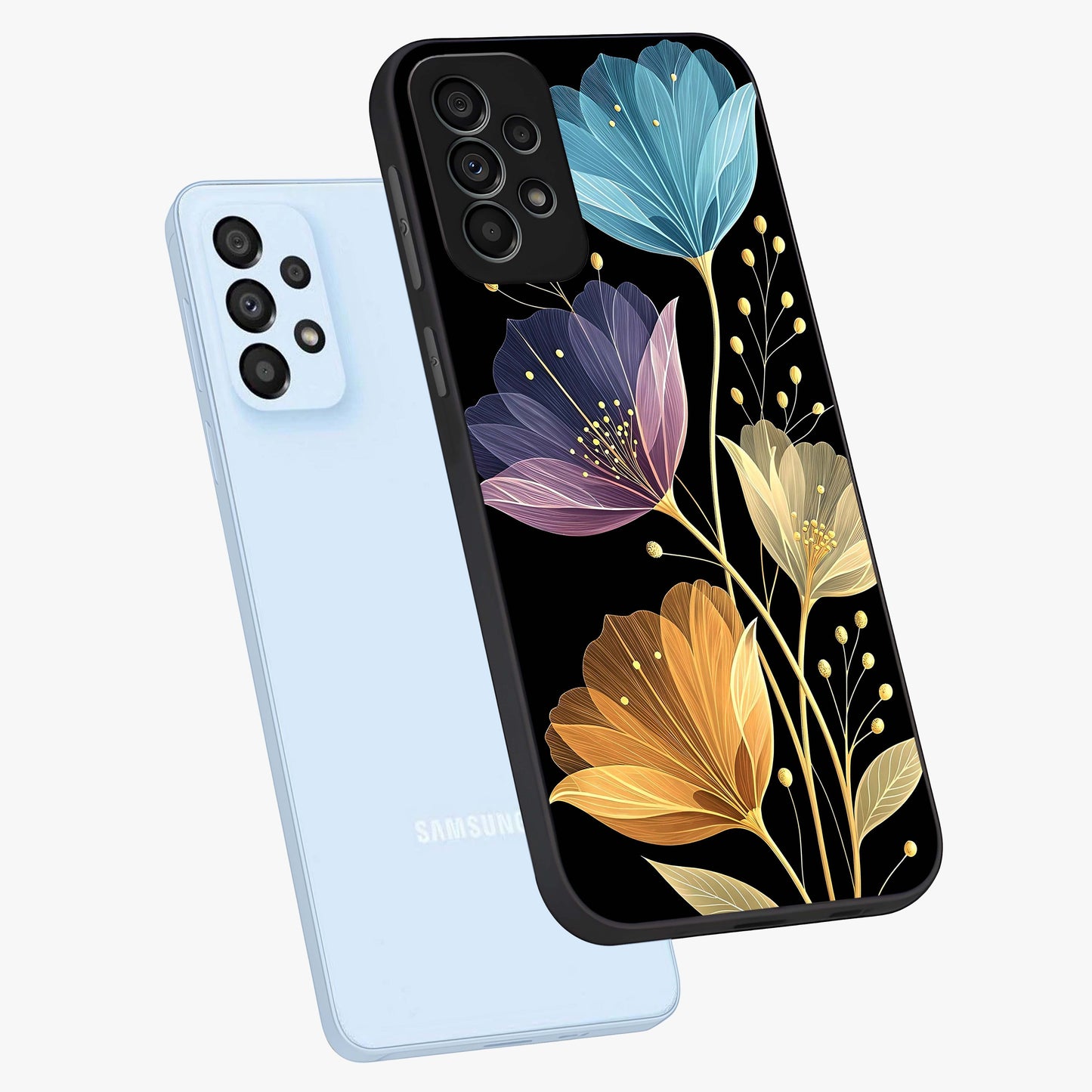 Delicate Multicolor Flowers Glass Case displayed in angled mockup highlighting colorful flower pattern with soft aesthetic style.