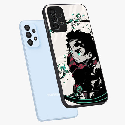 Demon Slayer Glass Case displayed in angled mockup highlighting dramatic anime character design with action aesthetic.
