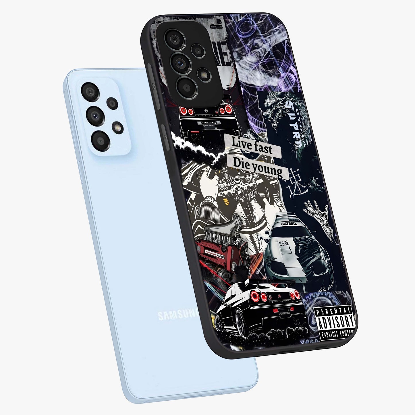 Die Young Glass Case displayed in angled mockup highlighting expressive graphic artwork with edgy aesthetic style.