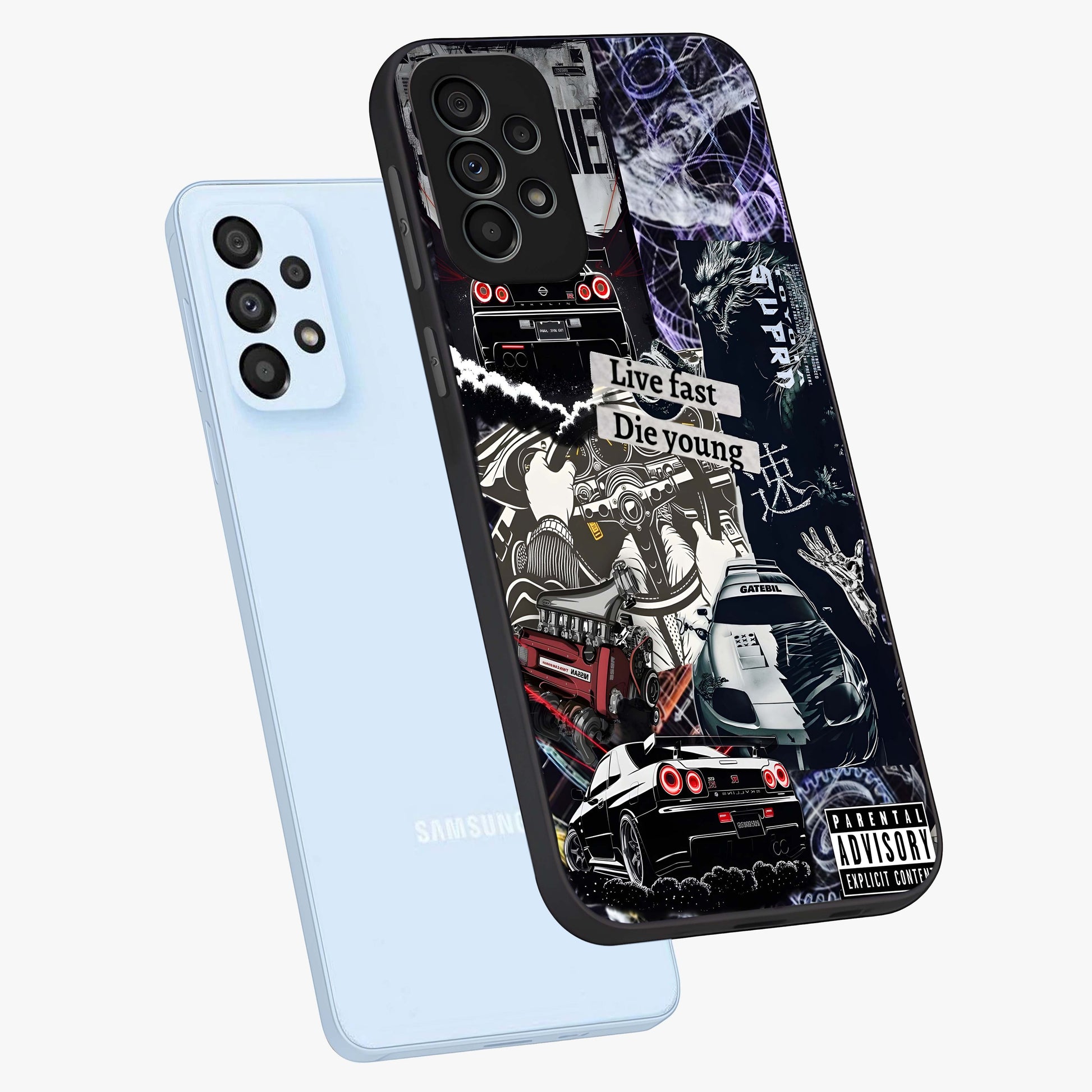Die Young Glass Case displayed in angled mockup highlighting expressive graphic artwork with edgy aesthetic style.