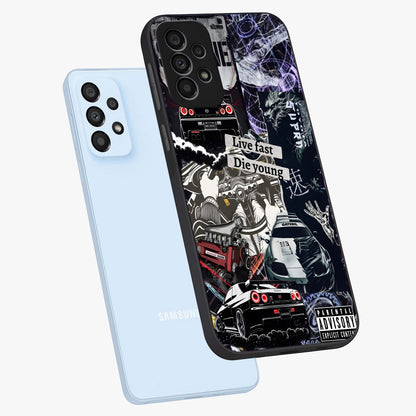 Die Young Glass Case displayed in angled mockup highlighting expressive graphic artwork with edgy aesthetic style.