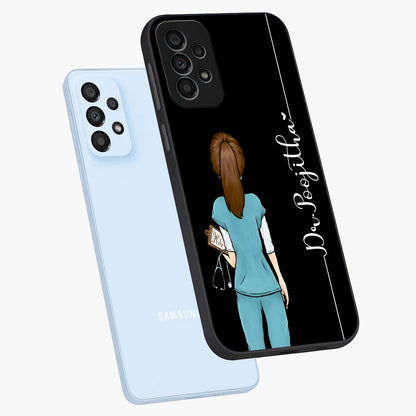 Doctor Pattern Custom Name Glass Case displayed in angled mockup highlighting doctor inspired artwork with custom name feature.