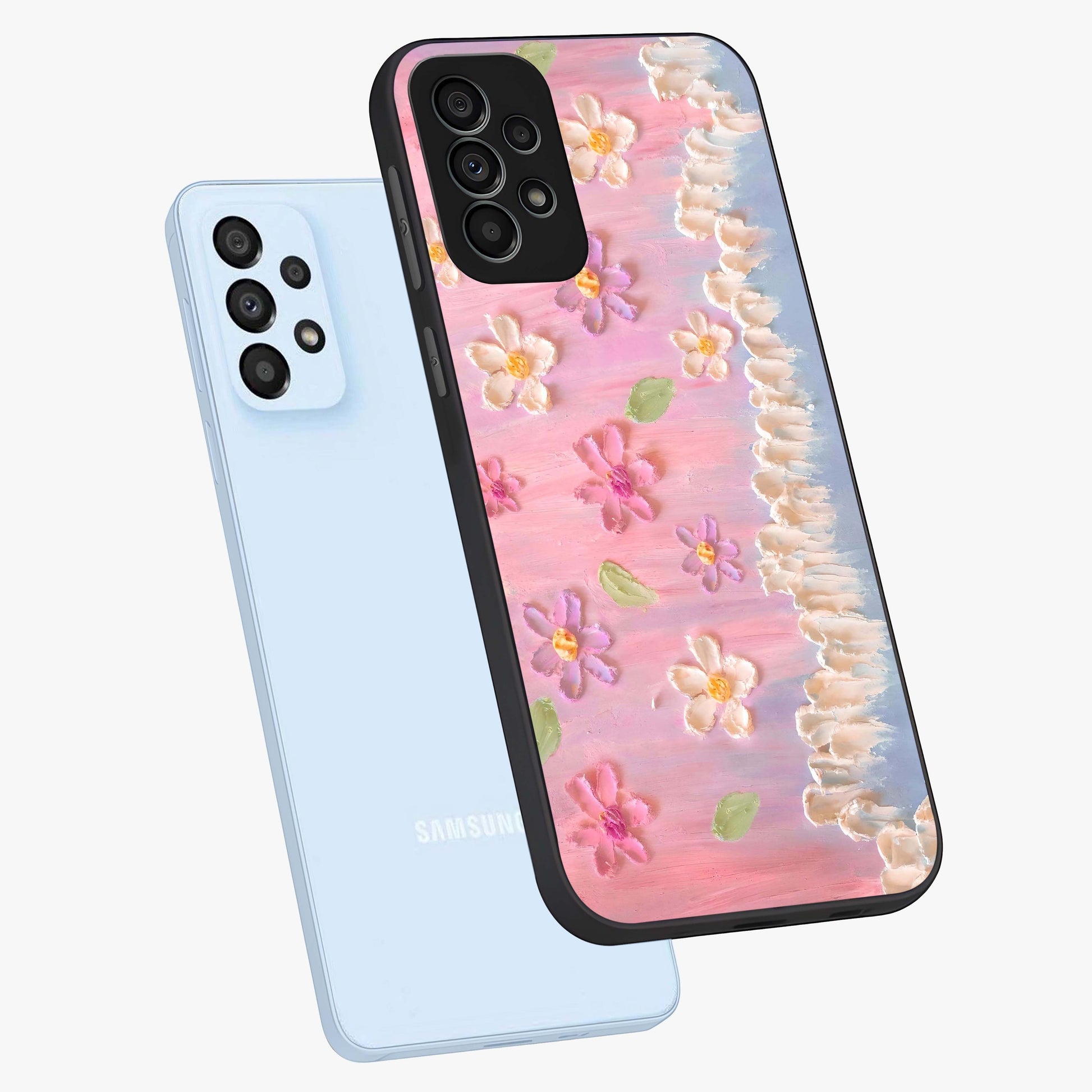 Dreamy Painted Garden Glass Case displayed in angled mockup highlighting colorful garden illustration with dreamy aesthetic style.