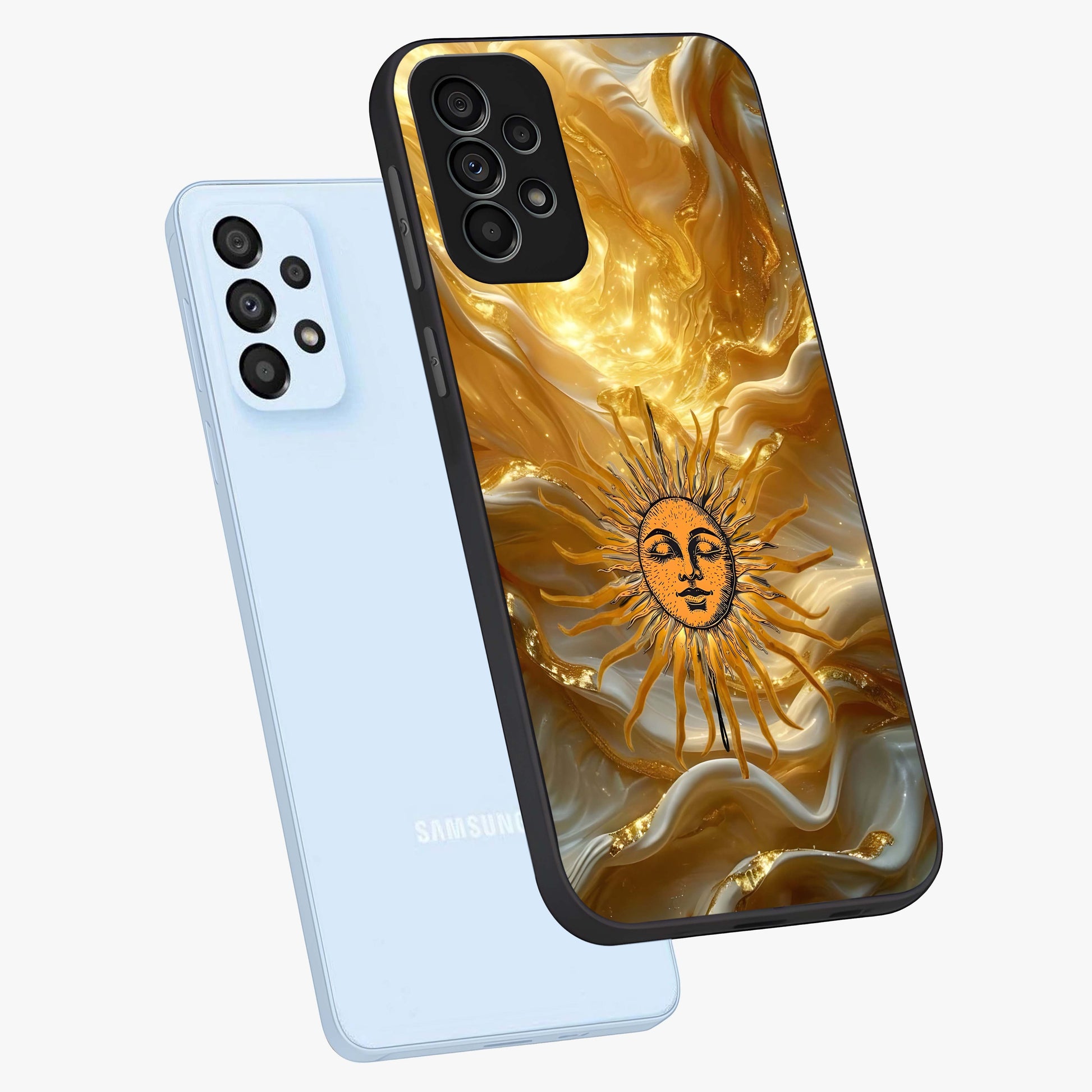 Eternal Golden Glow Glass Case displayed in angled mockup highlighting glowing golden aesthetic design with elegant style.