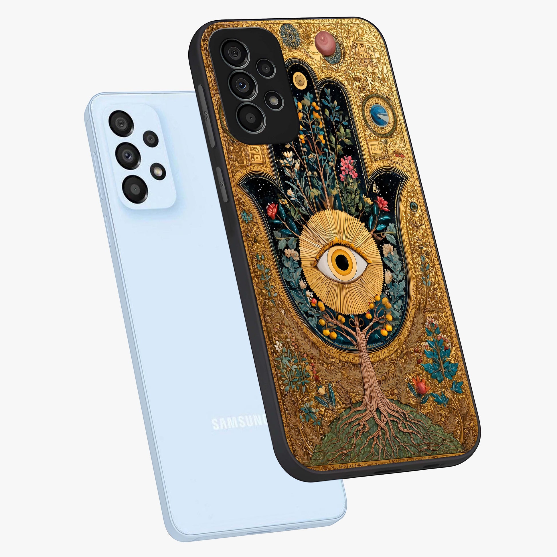 Ethereal Evil Eye Glass Case displayed in angled mockup highlighting protective evil eye symbol with spiritual aesthetic design.