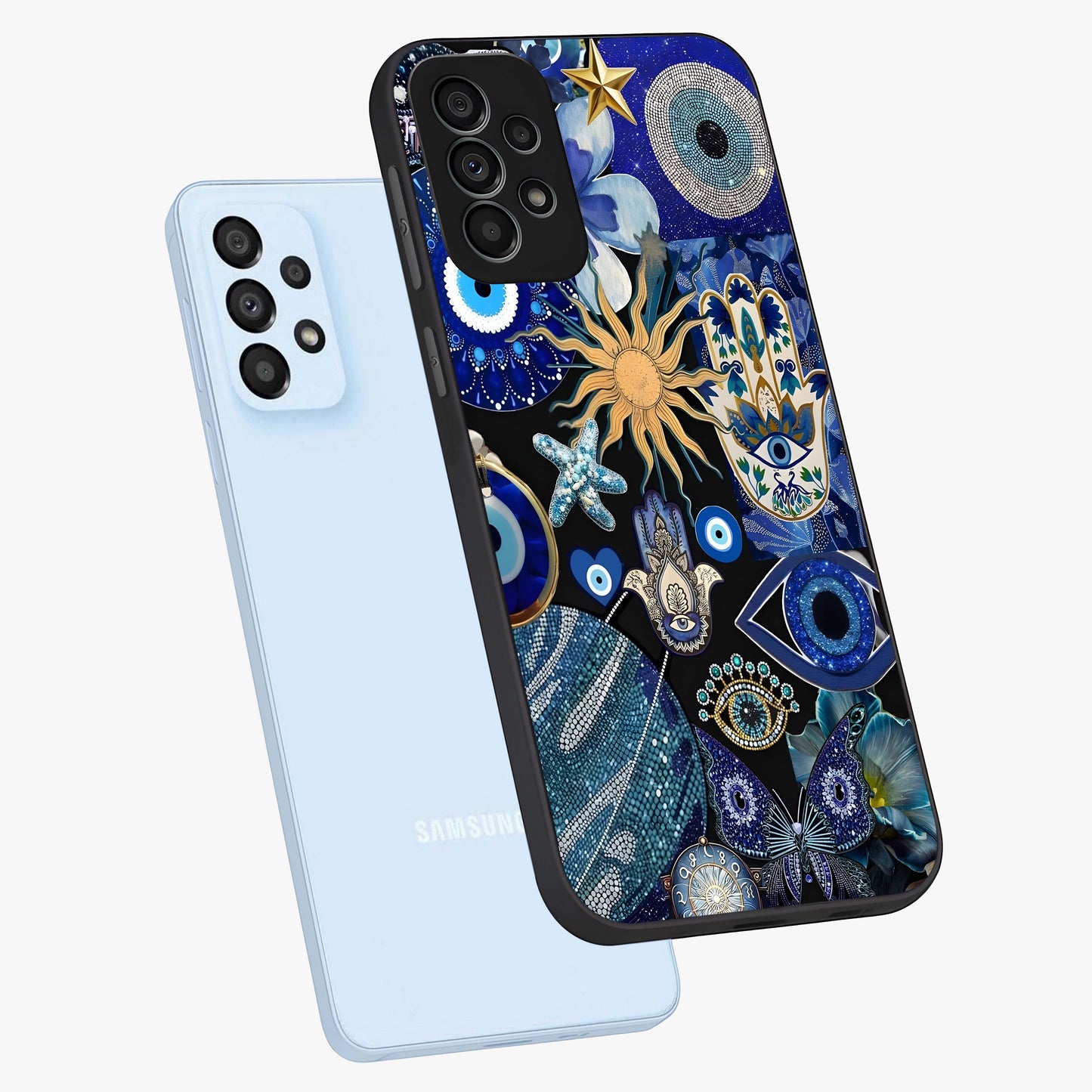 Evil Eye Charm Mix Glass Case displayed in angled mockup highlighting protective evil eye symbols with spiritual aesthetic design.