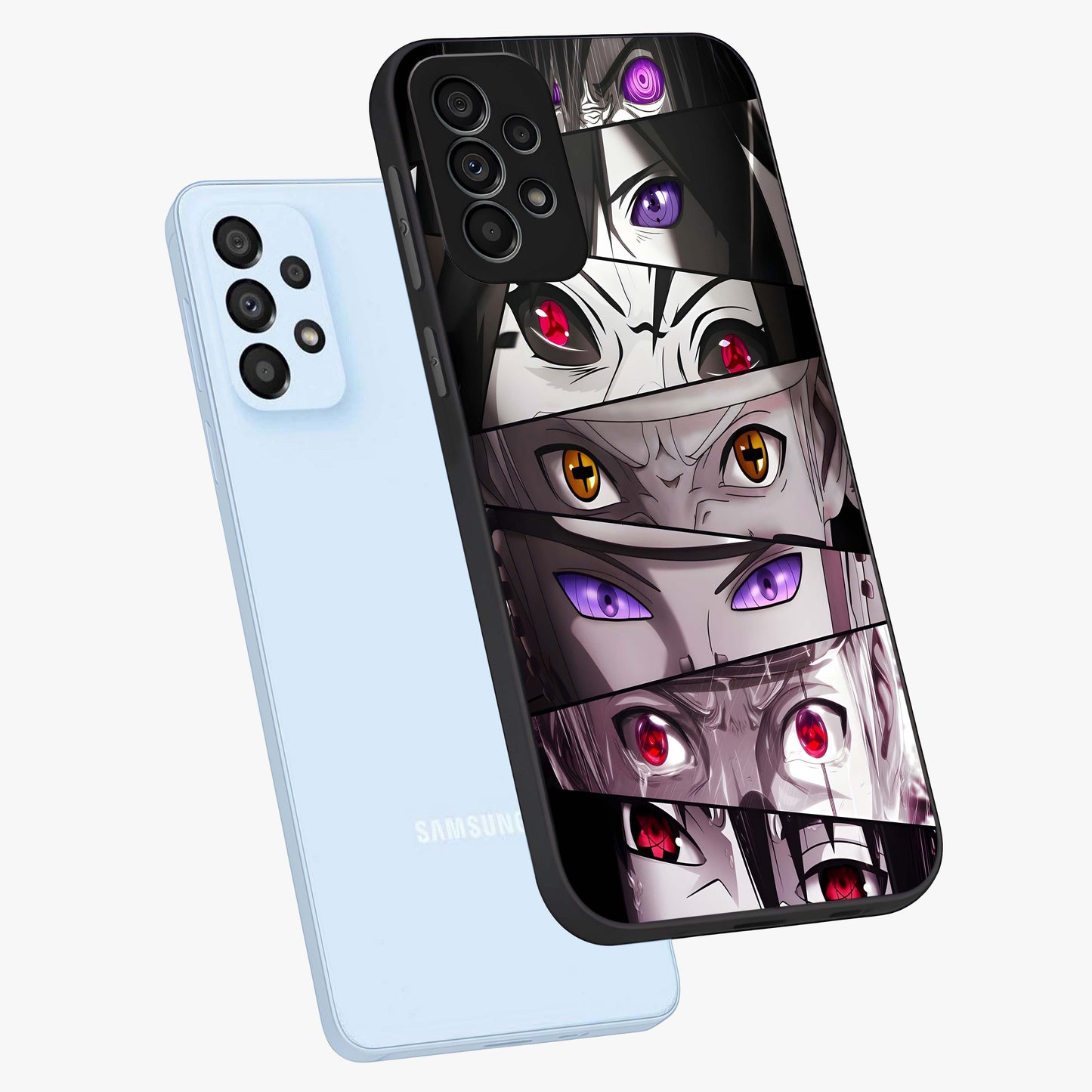 Eyes of Destiny Glass Case displayed in angled mockup highlighting bold eye illustration with mystical aesthetic style.
