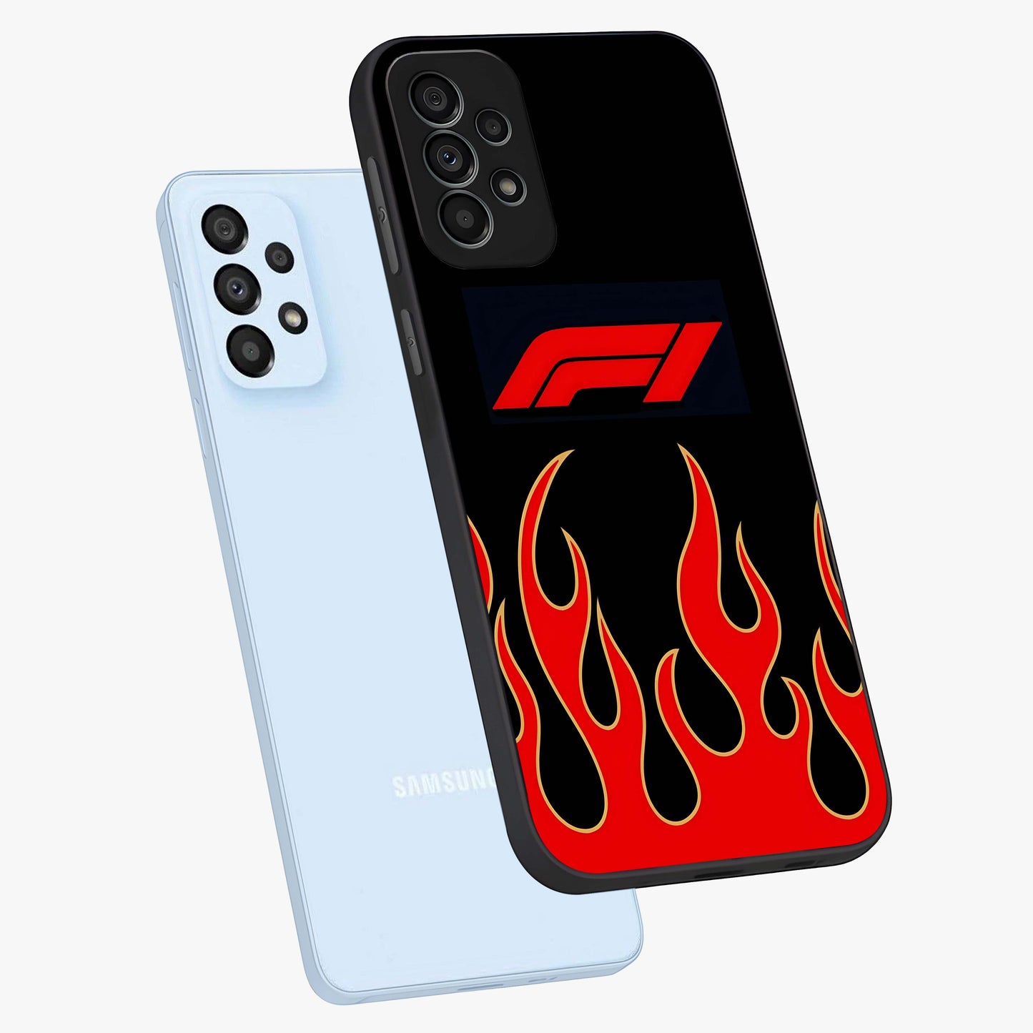 Fire F11 Glass Case displayed in angled mockup highlighting bold fire inspired graphic with energetic aesthetic style.